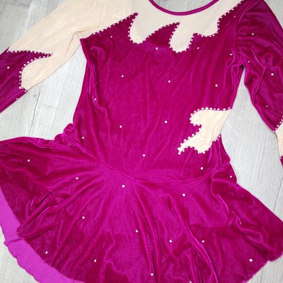 Ice Fairy Women's Figure Skating Dress M Velvet Mesh Red Beige Rhinestone Accent - Picture 10 of 11